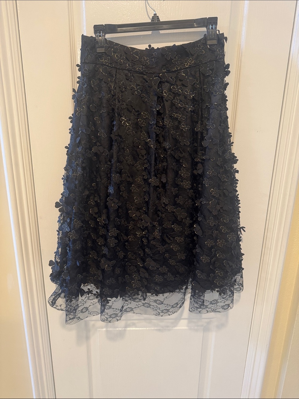 Eliza J Black Floral Appliqué A-Line Midi Skirt